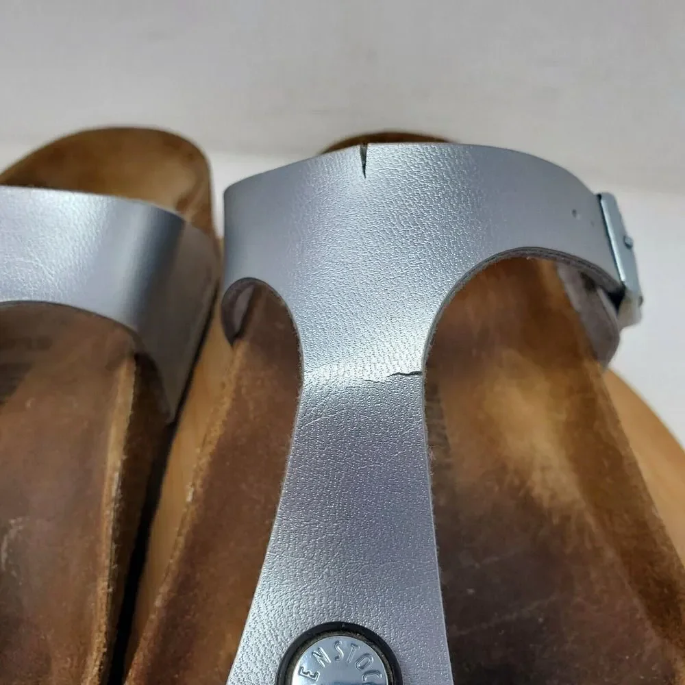 Birkenstock Gizeh Sandals 38‎ Womens 7 Silver Thong Buckle Strap Cracked Straps